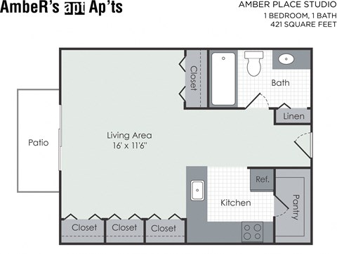 Floor plan for studio, 1 bath, 421 sqft